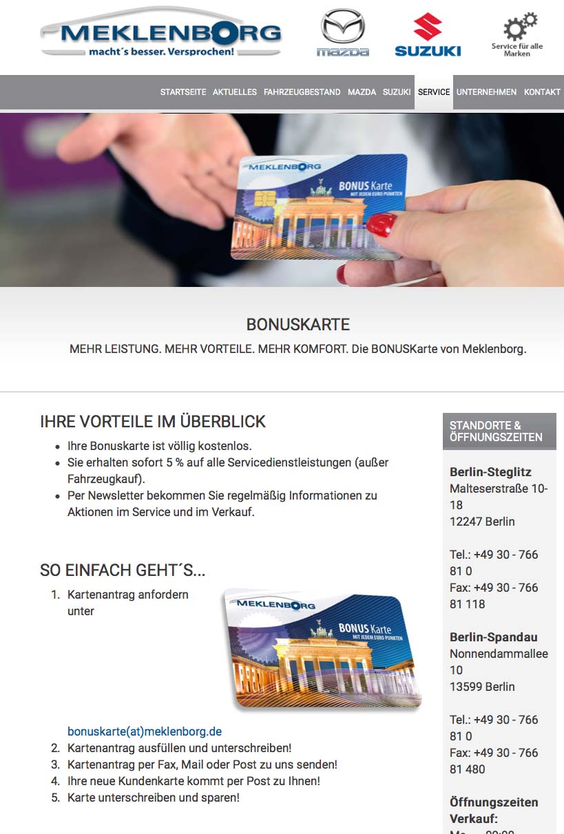 Die Kundenkarte auf der Website von Mazda Autohaus Meklenborg