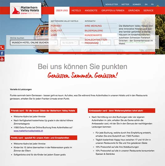 Die Kundenkarte auf der Website der Matterhorn Valley Hotels