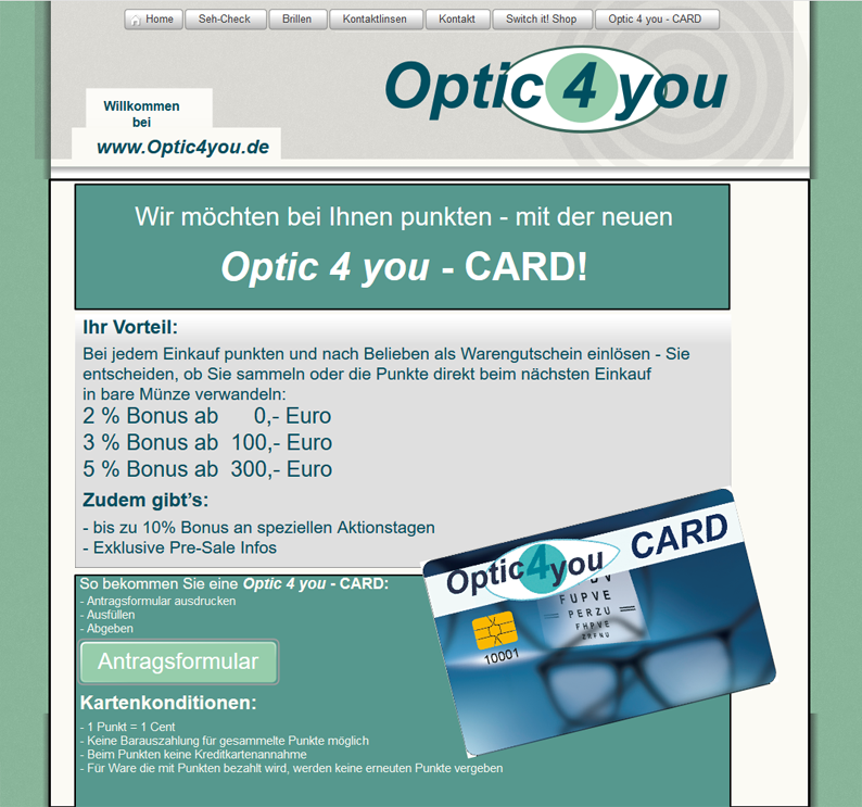 Kundenkarten/Bonuskarten auf der Website vom Optiker-Fachgeschäft "Optic 4 you"