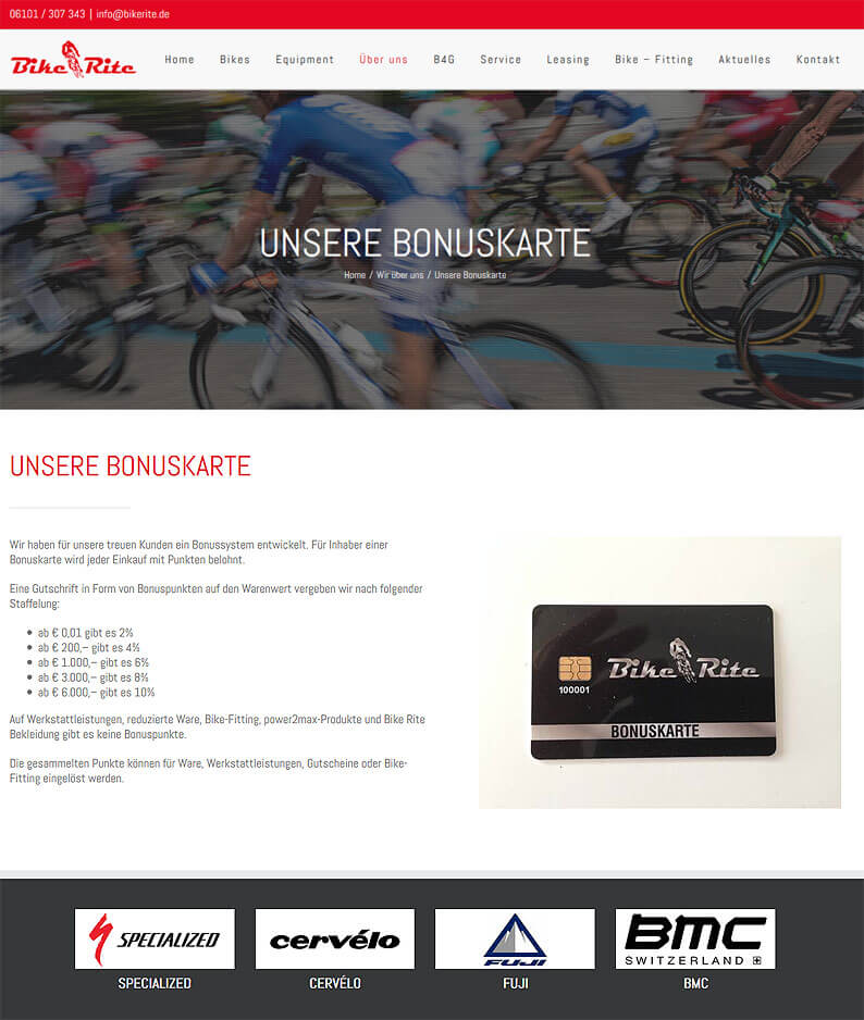 Die Kundenkarte bei Bike Rite auf der Webseite