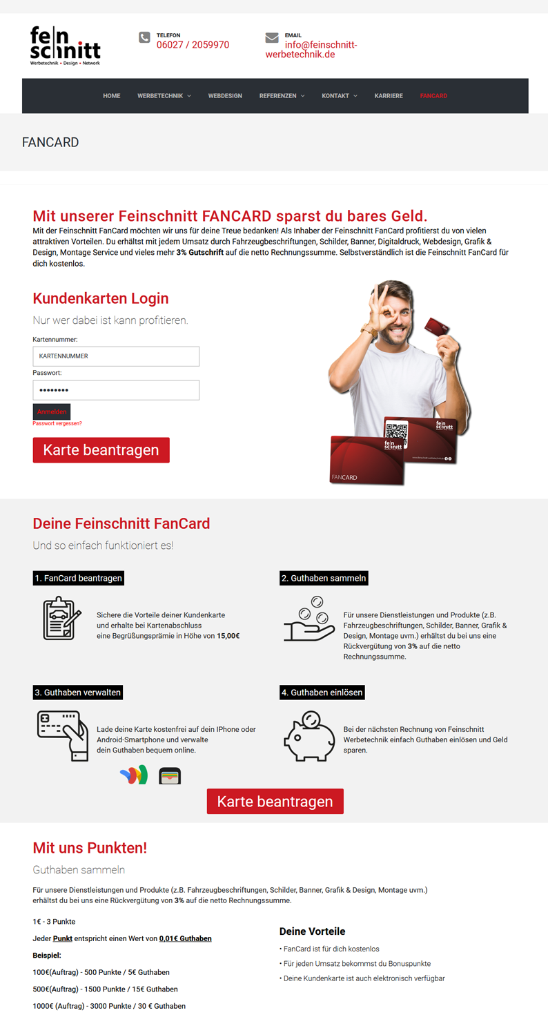 Die Kundenkarte "FanCard" von Feinschnitt Werbetechnik auf der Webseite