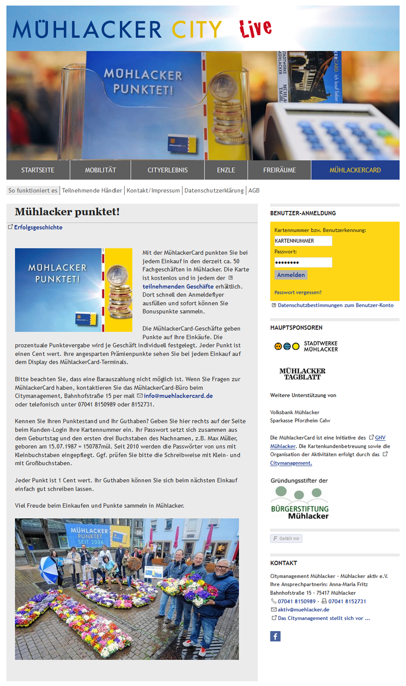 Die CityCard "MühlackerCard" auf der Webseite