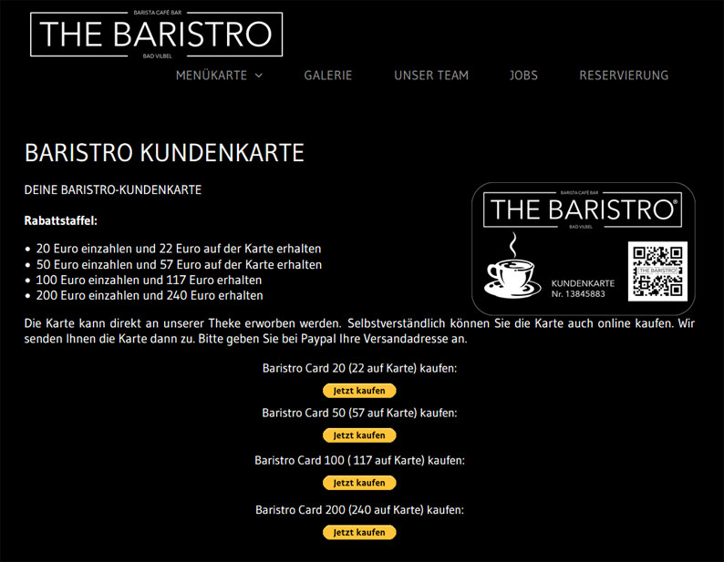 Die Kundenkarte der Café-Bar THE BARISTRO auf der Webseite